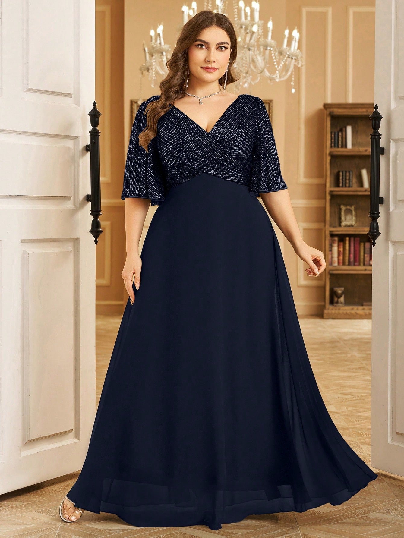 Women's Plus Size Elegant V-Neck Ruched Sequin Splice Maxi Dress