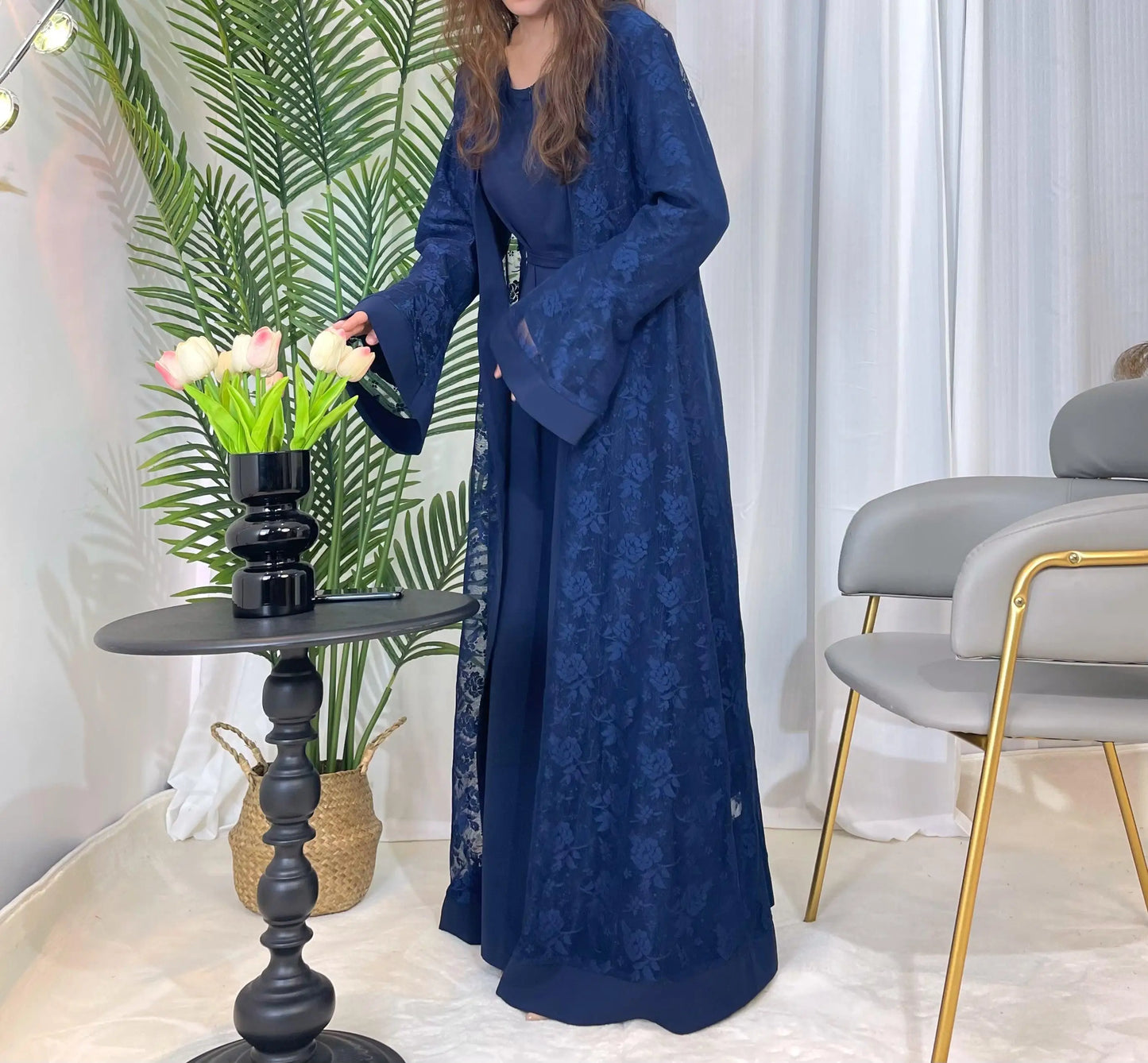Lace two-piece outfit lace abaya inner dress and cardigan, nida abaya muslim dres